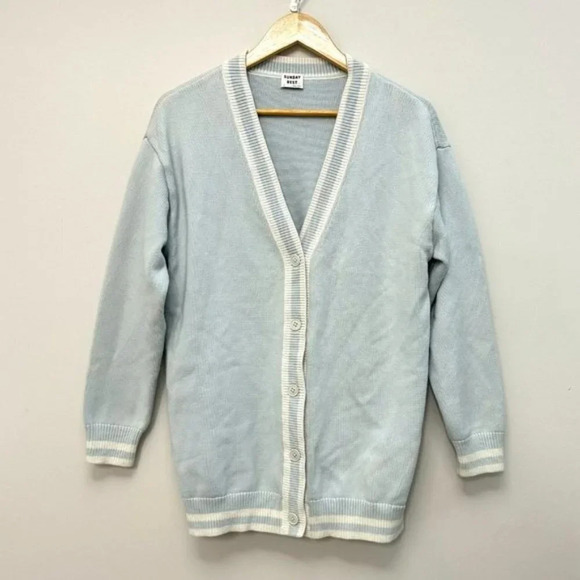 Sunday Best Lamora V-Neck Striped Button Front Cardigan Varsity Style Blue Small - Picture 2 of 16